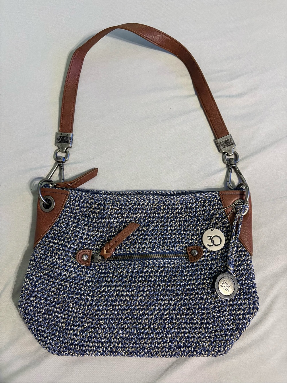 Tignanello Blue Woven Shoulder Bag with Brown Leather Trim